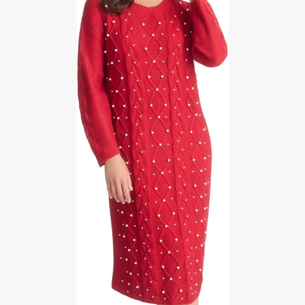 Jessica London Elegant Red Long Sleeve Dress with Pearl Details